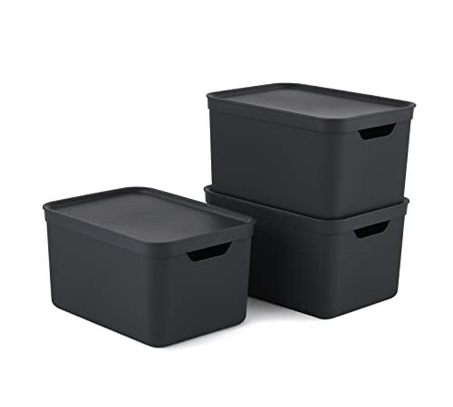 Jive Dekobox 3er- Set Aufbewahrungsbox 16l mit Deckel, Kunststoff (PP recycelt), dunkelgrau, 3x16l (36.5 x 27 x 27 cm)