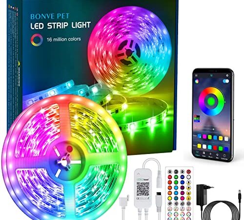 Bonve Pet LED Strip, Bluetooth RGB LED Streifen, Farbwechsel LED Lichterkette 6M mit Steuerbar via App, 16 Mio. Farben, Fernbedienung, Sync mit Musik, LED Band für Schlafzimmer TV Zuhause Schrankdek