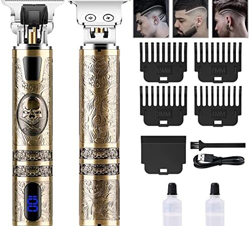 Haarschneidemaschine, WANFEI Profi Haarschneider für Herren, Elektrisch Easy Trim Rasierer, USB Wiederaufladbar Haartrimmer Barttrimmer, T-Blade Trimmer für Männer mit 3 Kamm und LED-Anzeige (Gold)