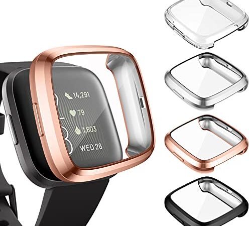 KIMILAR Hülle Kompatibel mit Fitbit Versa 2 Schutzhülle Schutz (Nicht für Versa/Versa Lite/SE), [4 Stücke] Vollständige Abdeckung TPU Cover Case Schutzfolie, Schwarz/Roségold/Silber/Klar