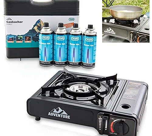 TOM Adventure Gas Campingkocher Set mit 4 x Butangas Kartusche und Koffer – Piezo-Zündung – Campinggaskocher mit Gaskochfeld (1 - flammig) für Ihre Outdoor Aktivitäten mit 4 Gaskartuschen