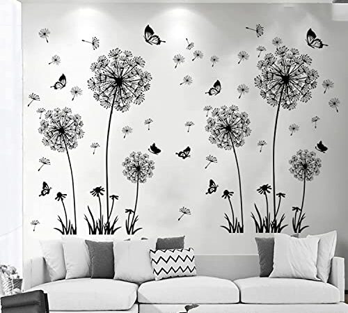 2 Stück Wandtattoo Pusteblume Wanddeko Blumen Pflanzen Wandaufkleber Löwenzahn Wandsticker Schmetterlinge Wandbilder für Wohnzimmer Schlafzimmer Vorraum Flur Fenster, Black, one size