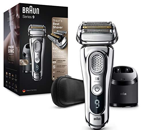 Braun Series 9 Premium Rasierer Herren mit 4+1 Scherkopf, Elektrorasierer & Trimmer für Präzision, Reinigungs- & Ladestation, Li-Ionen-Akku 60 min, Wet & Dry, 9395cc, chrom