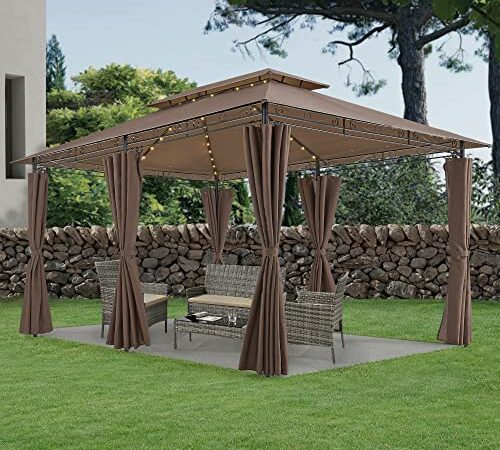 [en.casa] Pavillon Gamberale 400 x 300 x 265 cm Gartenpavillon mit LED-Beleuchtung Festzelt Gartenzelt wasserabweisend mit Seitenwänden Stahlgestell Dunkelbraun