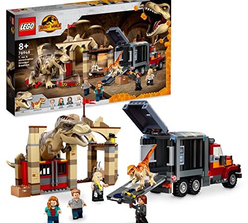 LEGO 76948 Jurassic World T. Rex & Atrociraptor: Dinosaurier-Ausbruch, Set mit LKW und 4 Minifiguren, Dinosaurier Spielzeug