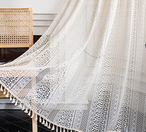 Tospass Vintage Landhausstil Häkeln Stricken Vorhang Boho Bohemien Vorhänge Aushöhlen mit Quaste 2er Set Gardinen Outdoor Baumwolle Gardienen für Wohnzimmer Schlafzimmer Curtains 150x160 cm Beige