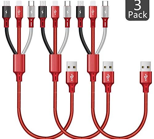 3-in-1-Multi-USB-Ladekabel, ASICEN-Ladekabel für IP/Micro-USB/Typ-C-Anschluss, kompatibel mit Handys/Tablets/Samsung Galaxy/LG/Pixel/Huawei/HTC/OnePlus (35cm/Rot)