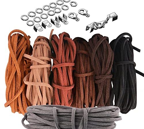 7 Farben 5M x 3mm Lederschnur Lederband, Faux Wildlederband Veloursleder Band Faden für DIY Armband Ketten Basteln Traumfänger, mit 100pcs Schnureden und 20pcs Verschluss