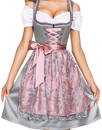 AMZHOTER Dirndl Damen midi Trachtenkleid Trachtenmode Trachtenrock Kleid inkl. Dirndlbluse Dirndlschürze 3 teilig für Oktoberfest Besondere Anlässe Grau 42