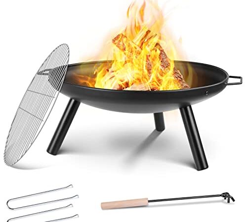 Feuerschale Ø 59 cm, Feuerstelle mit Grillrost(57 cm) & Griffen, Multifunktional, für Heizung/BBQ, Feuerkorb, Feuerschale Garten, für Camping Picknick Garten, 68x59x28,5cm