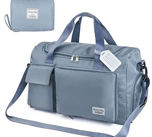 Flintronic 35L Faltbare Reisetasche Gepäcktasche Große Weekender Übernachtungstasche Urlaubstasche Wasserdicht Sporttasche für Herren Damen (mit 1 Gepäckanhänger) - Blau