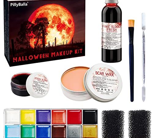 Halloween Make up Set, Kunstblut, Verkrustetes Kunstblut, Haut Wachs & 12 Farben Gesichtsbemalung & Schwamm & Pinsel, für Halloween Partys Kostümfeste Karneval Zombie Vampir Wunden Narben Schminke