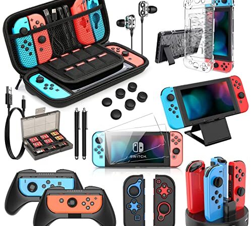 HEYSTOP Switch Zubehör für Nintendo Switch Tasche Bundle, 27 in 1 Tragetasche Case für Nintendo Switch mit Schutzhülle, Griff, Switch Spiele Aufbewahrung, Griffladestation, Griffhülle etc, Schwarz