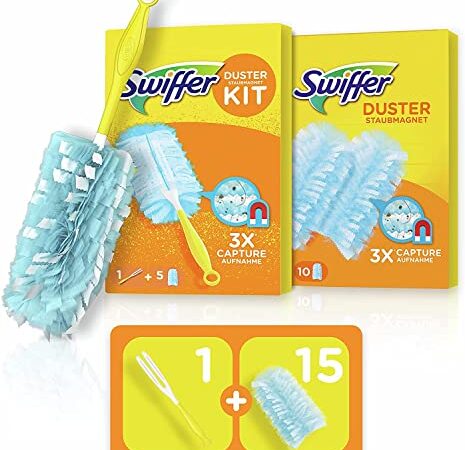 Swiffer Staubmagnet, Staubwedel ideal gegen Staub, Tierhaare & Allergene, Handgriff + 15 Tücher