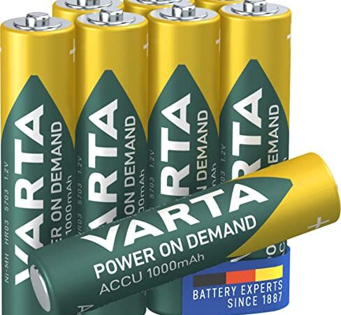 VARTA Batterien AAA, wiederaufladbar, 8 Stück, Akku, Power on Demand, 1000 mAh Ni-Mh, vorgeladen, sofort einsatzbereit [Exklusiv bei Amazon]