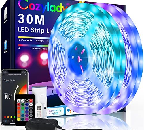 Alexa LED Strip 30m, Cozylady WIFI LED Streifen Kompatibel Mit Alexa, Smart App Musik LED Lichter, RGB Led Lichterkette mit Fernbedienung Leiste Band Netzteil und Fernbedienung, für Haus, Party, Küche