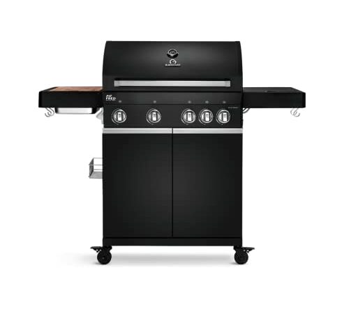 BURNHARD 4-Brenner Gasgrill Big FRED Black Series mit 900°C Keramikbrenner und Seitenkochfeld, 17 kW Grillwagen mit klappbaren Seitentischen, Gusseisen-Grillrost, Piezozündung inkl. Abdeckhaube