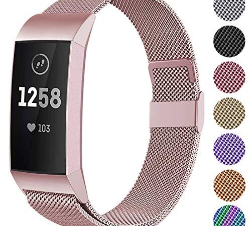 Faliogo Metall Ersatzarmband Kompatibel mit Fitbit Charge 3 Armband/Fitbit Charge 4 Armband, Einstellbare Edelstahl Ersatz Armbänder für Damen Herren, Klein Roségold