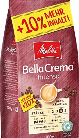 Melitta Ganze Kaffeebohnen, 100 % Arabica, starkes Aroma, intensiver Geschmack, Stärke 4, BellaCrema Intenso, 1100 g