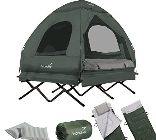 Skandika Zeltliege Haug für 2 Personen Set mit Schlafsack | Zelt Bett, Campingbett, Luftmatratze, wasserdicht, Outdoor Feldbett, bis 160 kg | 4in1 Angelzelt, Bettzelt, Karpfenliege (Army Grün | Set)