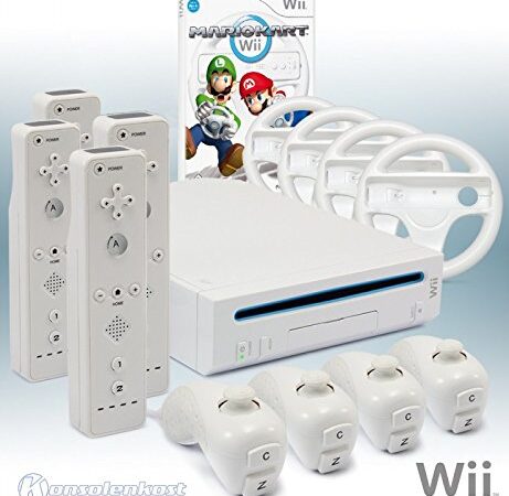 Wii Konsole mit Mario Kart, 4 Remotes und allem nötigen Zubehör