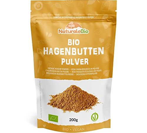 Hagebuttenpulver Bio 200g. Rohkostqualität, Natürlich und rein aus ganzen biologischen Hagebuttenbeeren gemahlen. Hagebutten Pulver reich an Vitamin C. NaturaleBio. Natürliches Bio-Produkt.