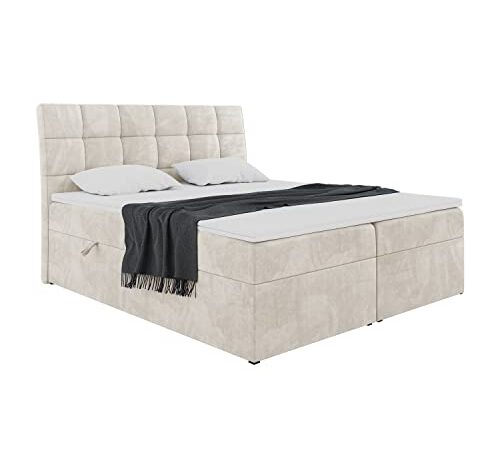 MEBLINI Boxspringbett mit Bettkasten - Gepolstert Doppelbett mit Matratze und Topper - Polsterbett mit Stauraum - Bett mit Kopfteil - Stauraumbett - Drago - 180x200 - H3/Creme Samt