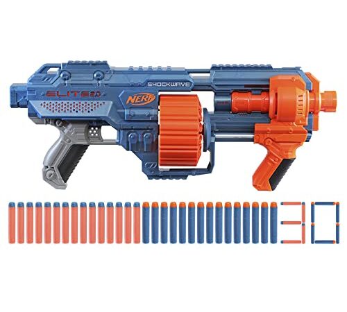 Nerf Elite 2.0 Shockwave RD-15 Blaster, 30 Nerf Darts, 15-Dart Rotationstrommel, Schnellfeuer mit Pump-Action, mit Erweiterungsoptionen, frustfreie Verpackung