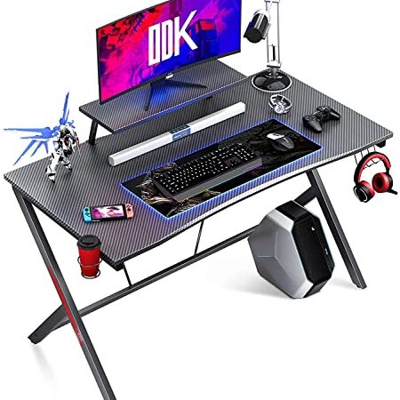 ODK Gaming Tisch mit Kohlefaser 115 x 60cm, Computertisch mit Kopfhörerhaken und Getränkehalter, ergonomischer PC Gaming Tisch, Stabiler Metallrahmen, schwarz