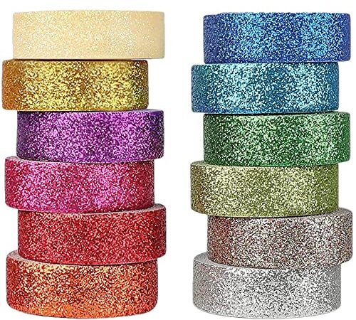 Belugsin 12 Rollen Washi Tape Set Bunte Glitzernde Bänder DIY Papier Tape Dekrativer Klebeband Bastelband für DIY Handwerk, Bullet Journals, Scrapbooking, Planer（15mm x 3m）