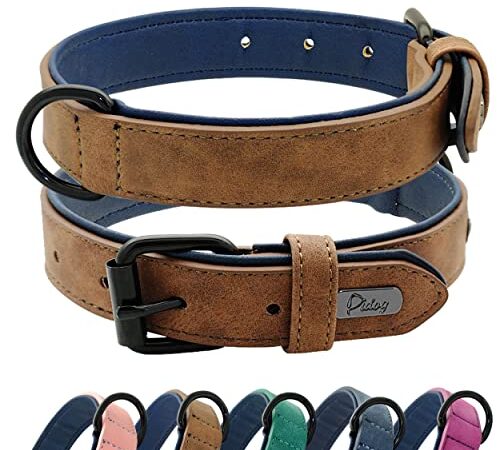 Didog Hundehalsband aus weichem, gepolstertem Leder, atmungsaktives, strapazierfähiges Hundehalsband aus Leder mit Verstellbarer rostfreier Metallschnalle für mittelgroße und große Hunde, Braun, M