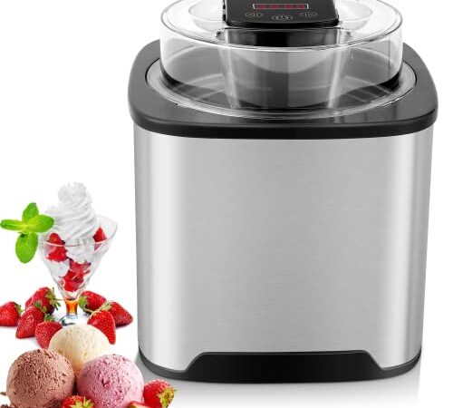 Eismaschine 2L, Speiseeisbereiter, Eismaschine ohne Kompressor, inkl. Rezeptheft, mit Timer (5 bis 45 Min.) ,Speiseeismaschine aus Edelstahl, LCD-Anzeige, für Eiscreme Yoghurt, Sorbet und Frozen