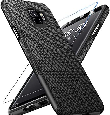 Handyhülle für Samsung Galaxy S9 Hülle mit Panzerglas Schutzfolie, Galaxy S9 Ständer Case Cover Bumper Stoßfest Kratzfestigkeit rutschfest Schutzhülle Silikon Tough Armor Galaxy S9 Hüllen (Schwarz)