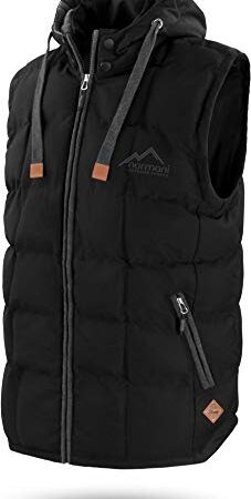 normani Outdoor Sports Wattierte Steppweste Bodywarmer - 100% Winddichte Outdoor Weste mit Lederpatch, Kapuze und Stehkragen Farbe Dunkelschwarz Größe 3XL/58