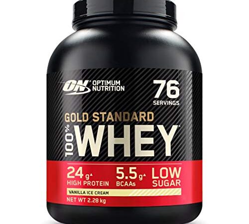 Optimum Nutrition ON Gold Standard Whey Protein Pulver, Eiweißpulver zum Muskelaufbau, natürlich enthaltene BCAA und Glutamin, Vanilla Ice Cream, 76 Portionen, 2.28kg, Verpackung kann Variieren