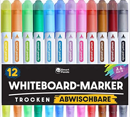 Whiteboard Marker von SmartPanda – Whiteboard Stifte, Folienstift Abwischbar - Doppelspitze, Medium und Fein – Abwischbare Stifte, non Permanent Marker, Whiteboardmarker – 12er Set