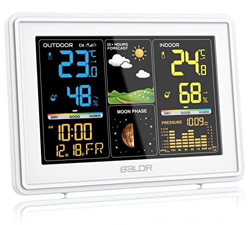 BALDR Wetterstation Funk mit Außensensor, Digital Farbdisplay DCF-Funkuhr Innen und Außen Thermometer Hygrometer, Funkwetterstation mit Wettervorhersage, Barometer und Mondphase, Netzteil (Weiß)