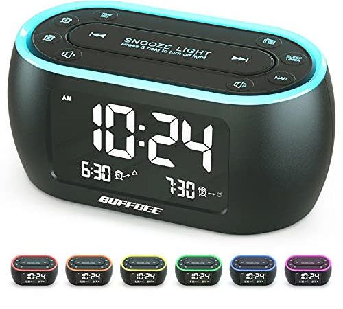 Buffbee Nachttisch-Wecker-Radio mit 7-Farben-Nachtlicht, Dual-Alarm, Snooze, Dimmer, USB-Ladegerät, Nap Timer, Digitaler Wecker mit FM-Radio und Auto-Off-Timer, netzbetrieben mit Batterie-Backup