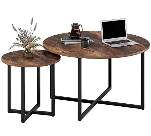 Couchtisch Rund 2er Set Beistelltisch aus Holz und Metall Sofatisch für Wohnzimmer Kaffeetisch Vintage, Top-80cm/50 cm hoch Braun und Schwarz