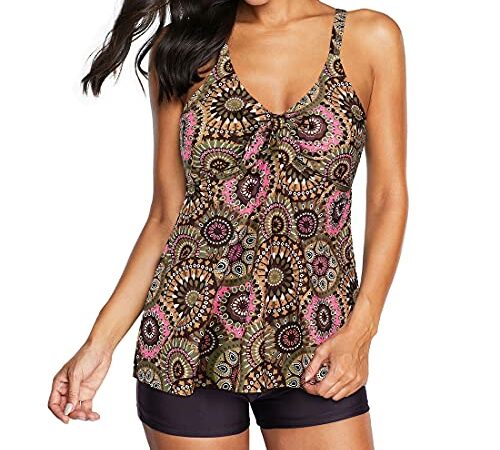 Durio Tankini Damen Bauchweg Badebekleidung Zweiteiliger Badeanzug mit Hot Pants Geometrisches Muster EU 44 (Herstellergröße XL)