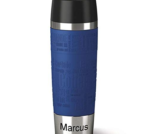 Emsa Isolierbecher MIT Gravur (z.B. Namen) 500ml TRAVEL Mug Grande Manschette Blau mit persönlicher Rundgravur, Travelmug Kaffee Tee Thermo to-go-Becher mit Quick Press Verschluss 100% auslaufsicher