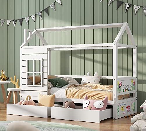 HESHU Massivholz Hausbett 200x90, Kinderbett mit Rausfallschutz, Kinder Bett inklusive Schubladen/Fenster/Lattenrost, für Jungen & Mädchen, Weiß