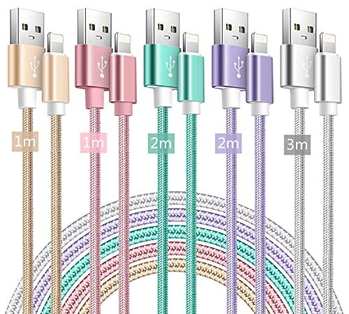 iPhone Ladekabel, 5Pack 1m 2m 3m iPhone Ladekabel Apple MFi Zertifiziert Schnellladekabel USB A Kabel Nylon Langes für iPhone 13 12 11 Pro Max Mini XR XS X 8 7 6 6s Plus SE 2020, iPad Air -5 Farben