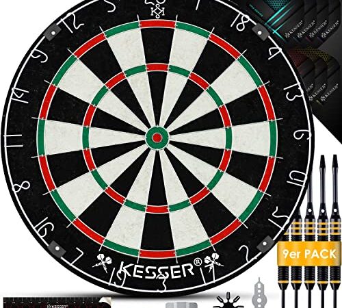 KESSER® Dartscheibe kork mit 9 Dartpfeile Professional Dartboard + 21 Pro Flights + Zubehör Steeldart Offizielles Dartscheibe 9 Pfeilen Metallspitze Profi Steeldartscheibe - Dartboard inkl. Montageset