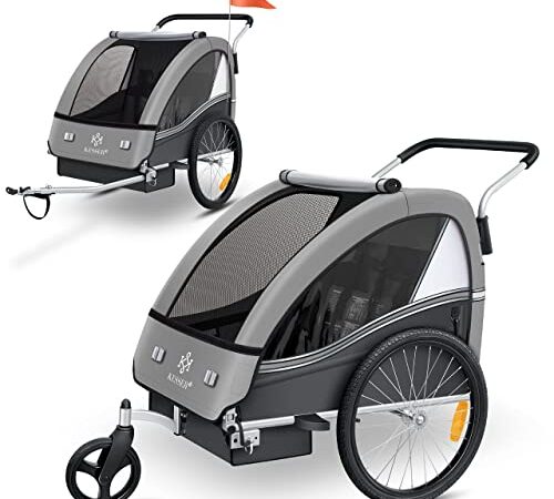 KESSER® Kinderanhänger Fahrradanhänger Sport-RX 2 in 1 Joggerfunktion Kinderfahrradanhänger + 5-Punkt Sicherheitsgurt 360Ḟ-Vorderrad Jogger Buggy Fahrrad Anhänger 1 bis 2 Kinder max. 40kg, Hellgrau