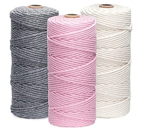 Makramee Garn 3er Set,ilauke Weiche Baumwollgarn Baumwollschnur Makramee 3mm für DIY Projekte - 3 x 100m Baumwolle Baumwollkordel zum Makramee Wandbehang, Traumfänger, Blumenampel,Rosa+Beige+Grau