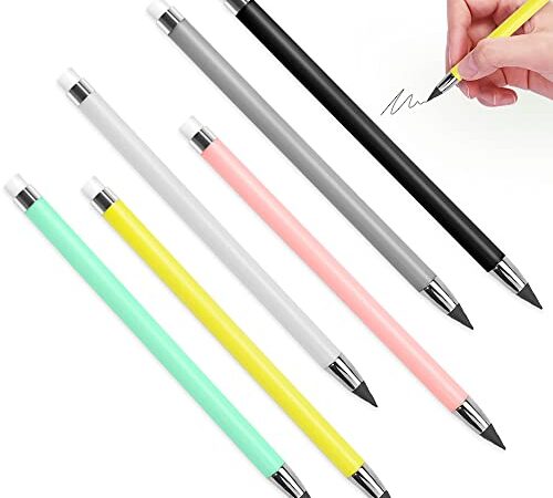 QINERSAW 6 Stück Tintenlose Bleistifte Ewig Stift Unendlicher Schreibstift Unbegrenzter Magische Bleistift ohne Anspitzen Wiederverwendbar Tintenschreiber Magic Pencil mit Gummi