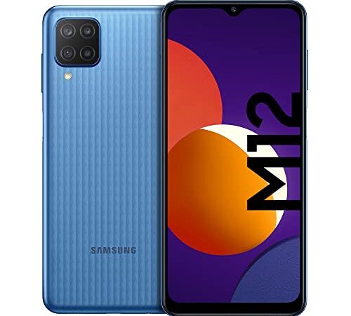 Samsung Galaxy M12 Android Smartphone, Quad-Kamera, 6,5 Zoll Infinity-V Display, starker 5.000 mAh Akku, 64 GB/4 GB, Handy in Blau, (Deutsche Version) [Exklusiv bei Amazon]