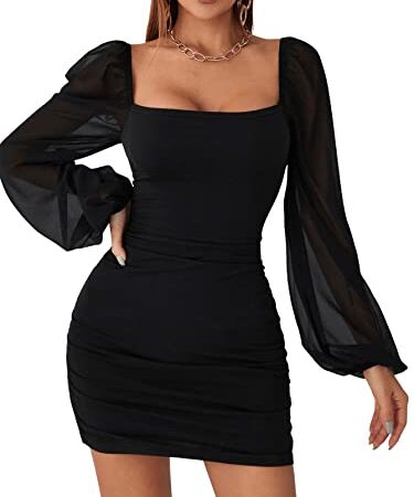 SheIn Damen Netz Ärmel Kleider Bodycon Bleistiftkleid Minikleid Sexy Mesh Partykleid Figurbetont Langarmkleid Schwarz XS