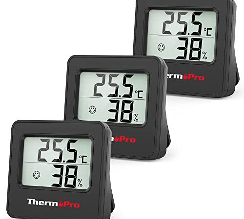 ThermoPro TP157 Mini Hygrometer Thermometer Innen 3er Set 0.5℃ Präzise Raumthermometer Luftfeuchtigkeitsmesser mit Smiley-Indikator Ideal für Wohnzimmer, Büro, Garage oder Gewächshaus, Schwarz